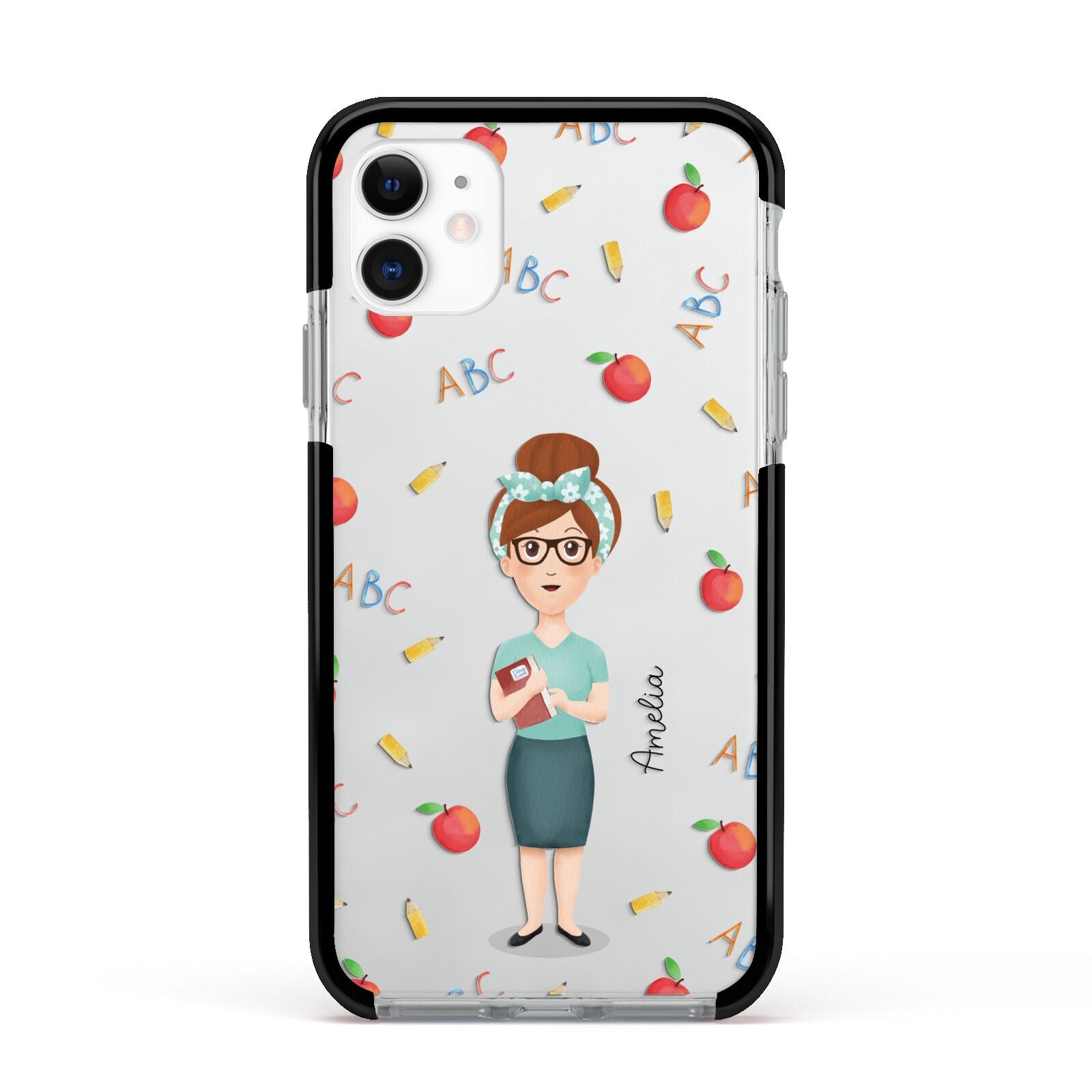 Personalised Teacher Cartoon Apple iPhone 11 in White with Black Impact Case