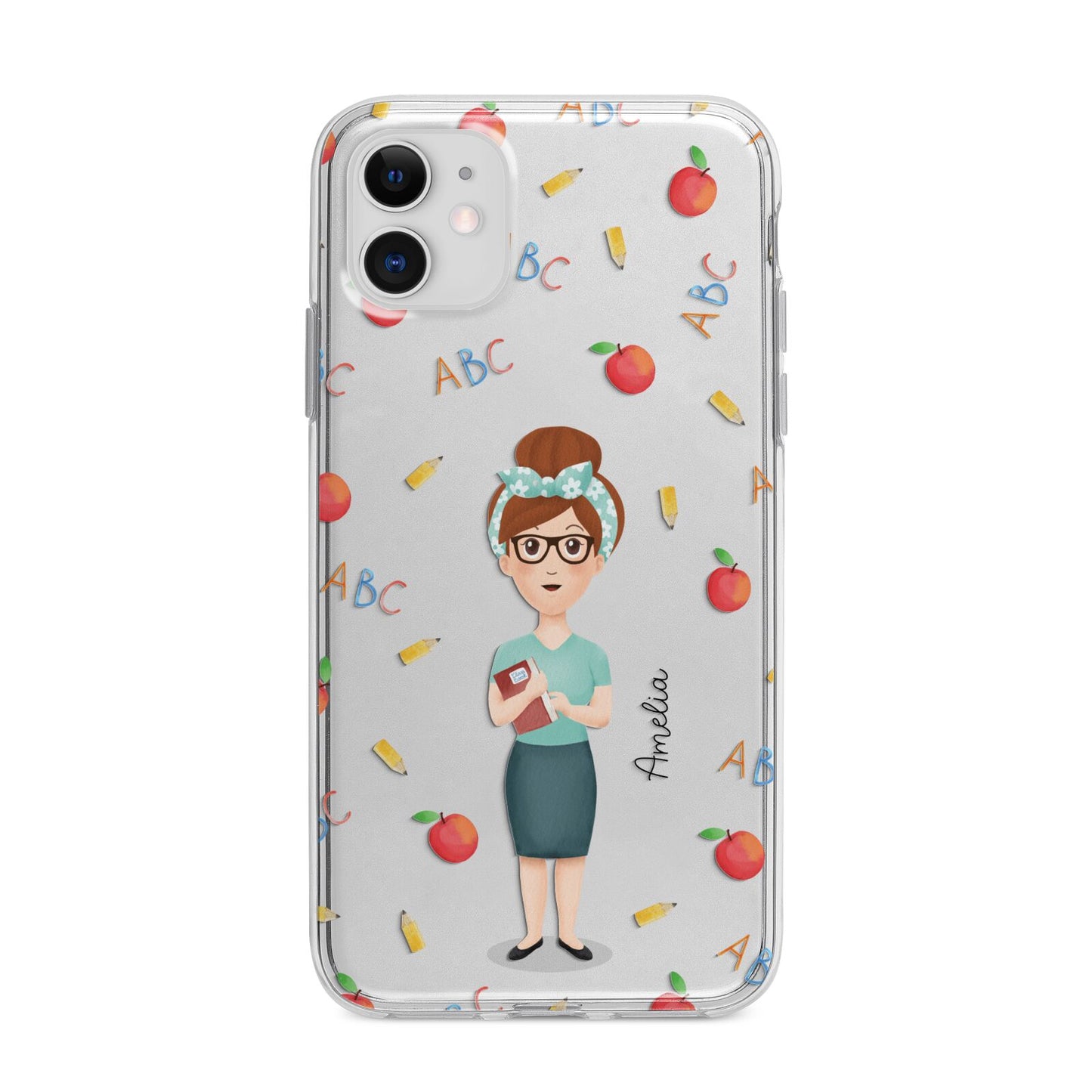 Personalised Teacher Cartoon Apple iPhone 11 in White with Bumper Case