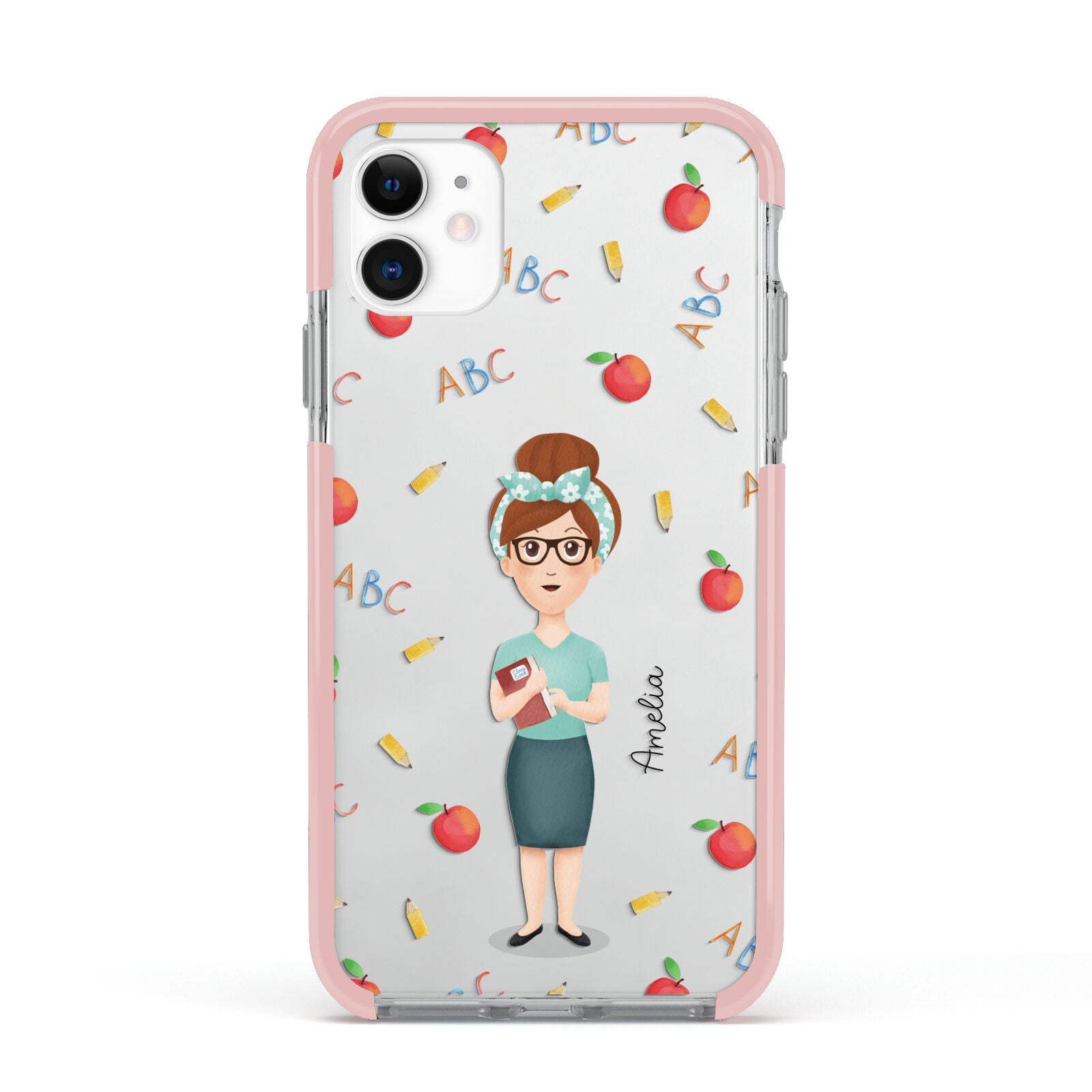 Personalised Teacher Cartoon Apple iPhone 11 in White with Pink Impact Case