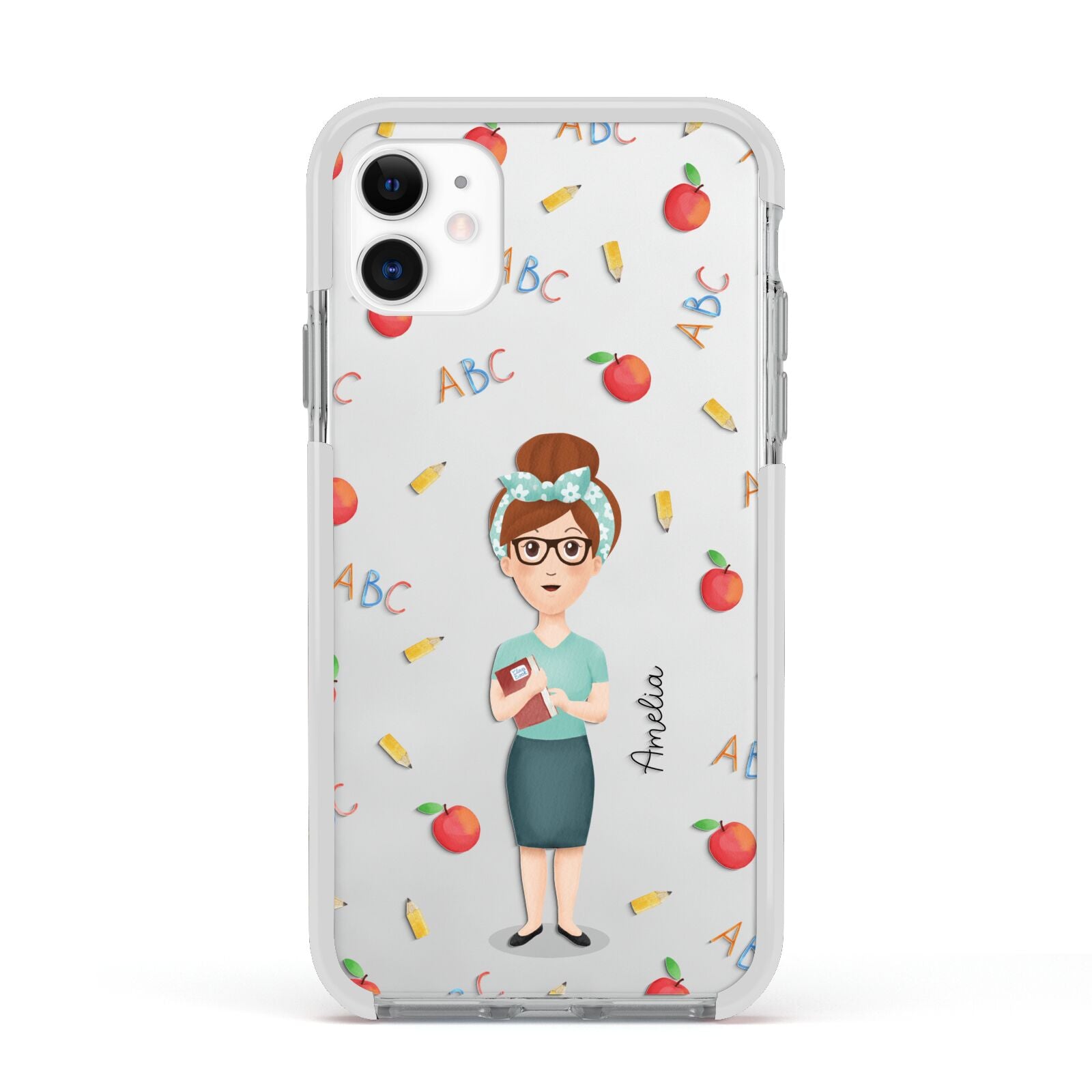 Personalised Teacher Cartoon Apple iPhone 11 in White with White Impact Case