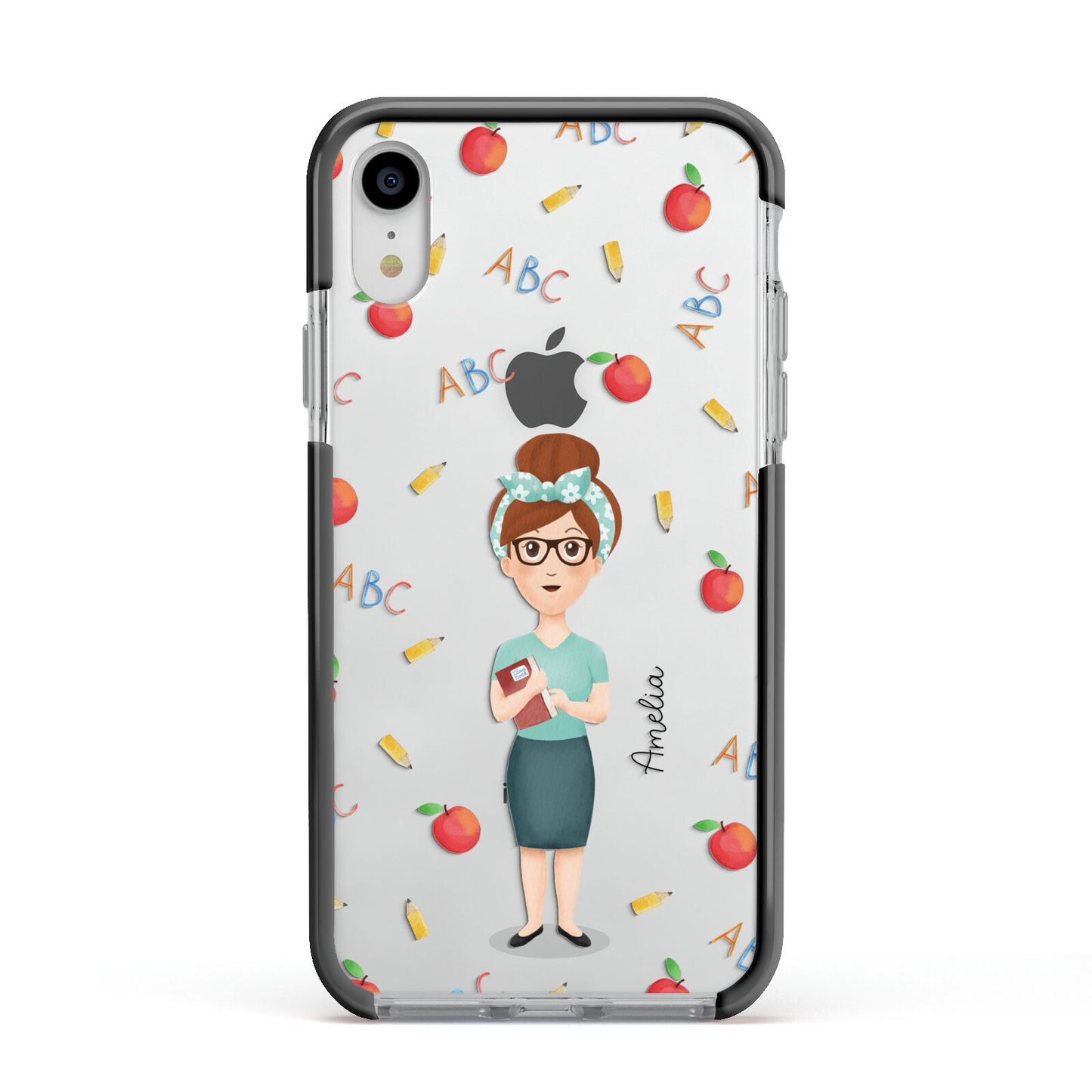 Personalised Teacher Cartoon Apple iPhone XR Impact Case Black Edge on Silver Phone