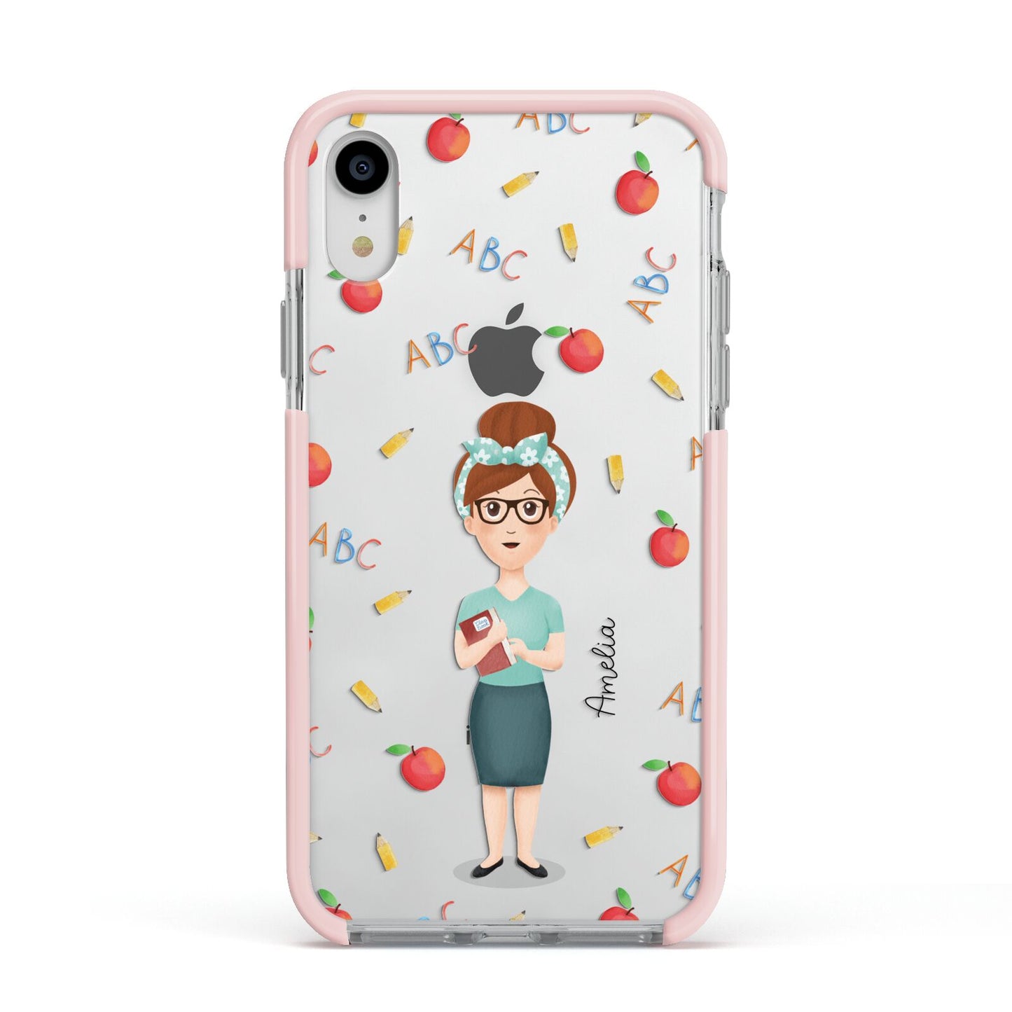 Personalised Teacher Cartoon Apple iPhone XR Impact Case Pink Edge on Silver Phone