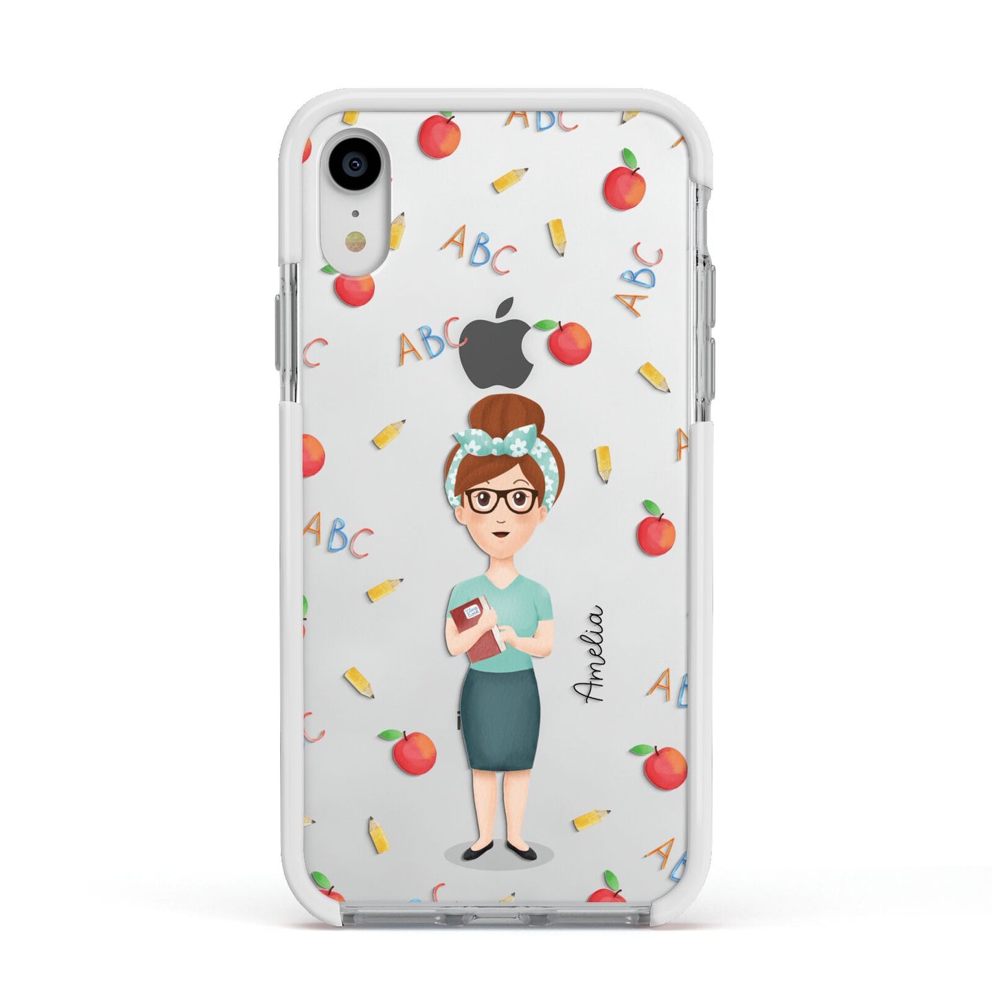 Personalised Teacher Cartoon Apple iPhone XR Impact Case White Edge on Silver Phone