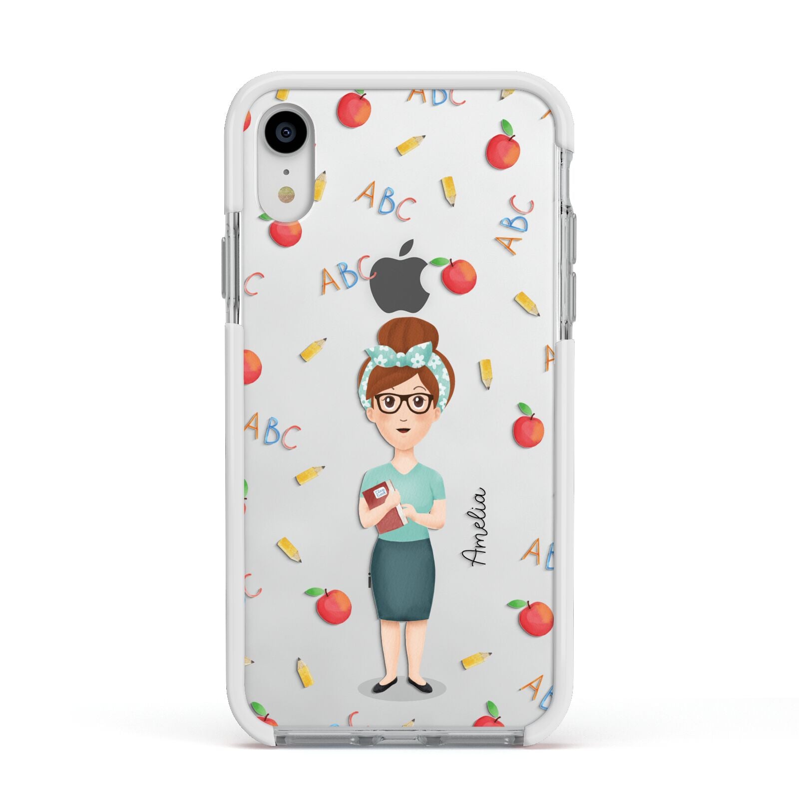 Personalised Teacher Cartoon Apple iPhone XR Impact Case White Edge on Silver Phone