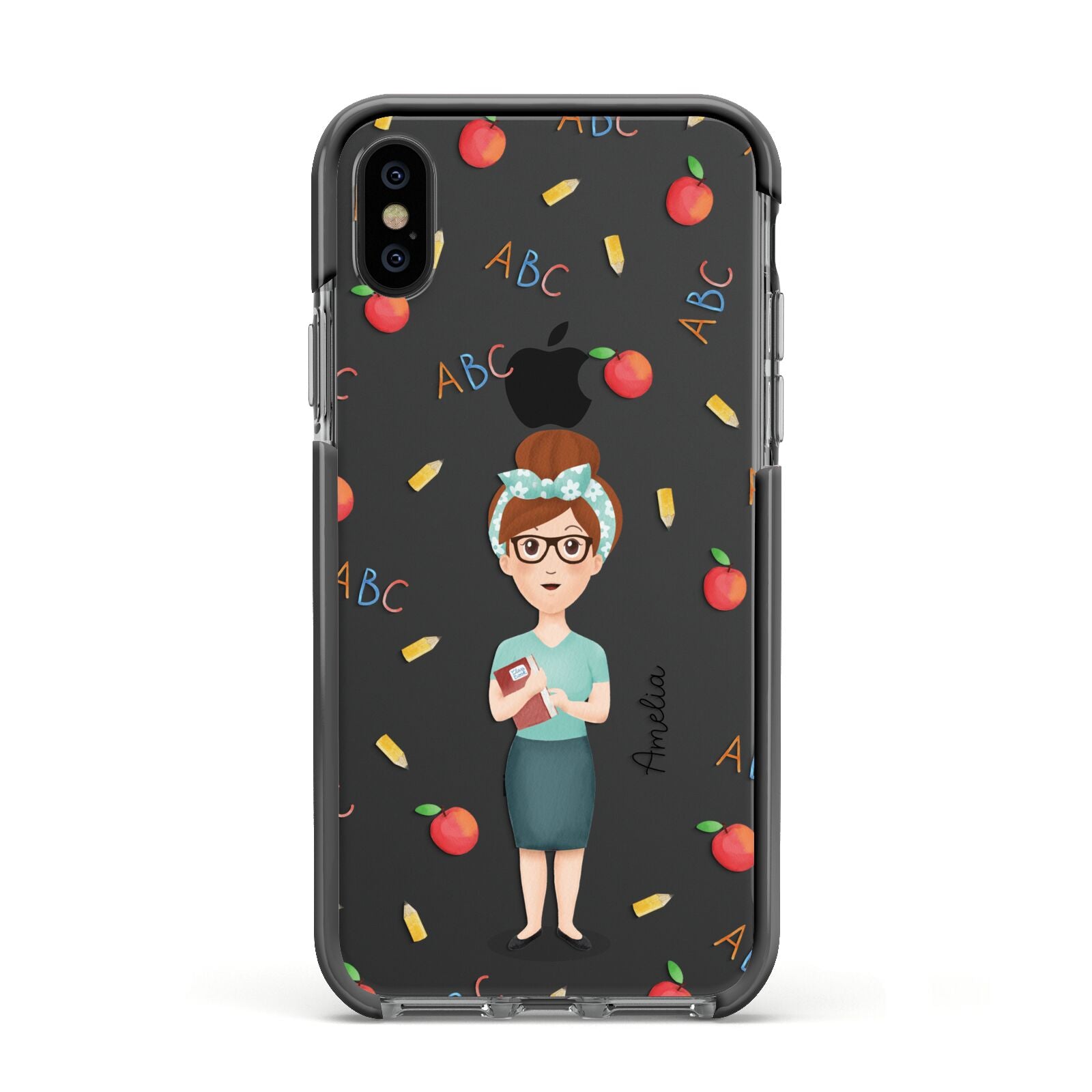 Personalised Teacher Cartoon Apple iPhone Xs Impact Case Black Edge on Black Phone