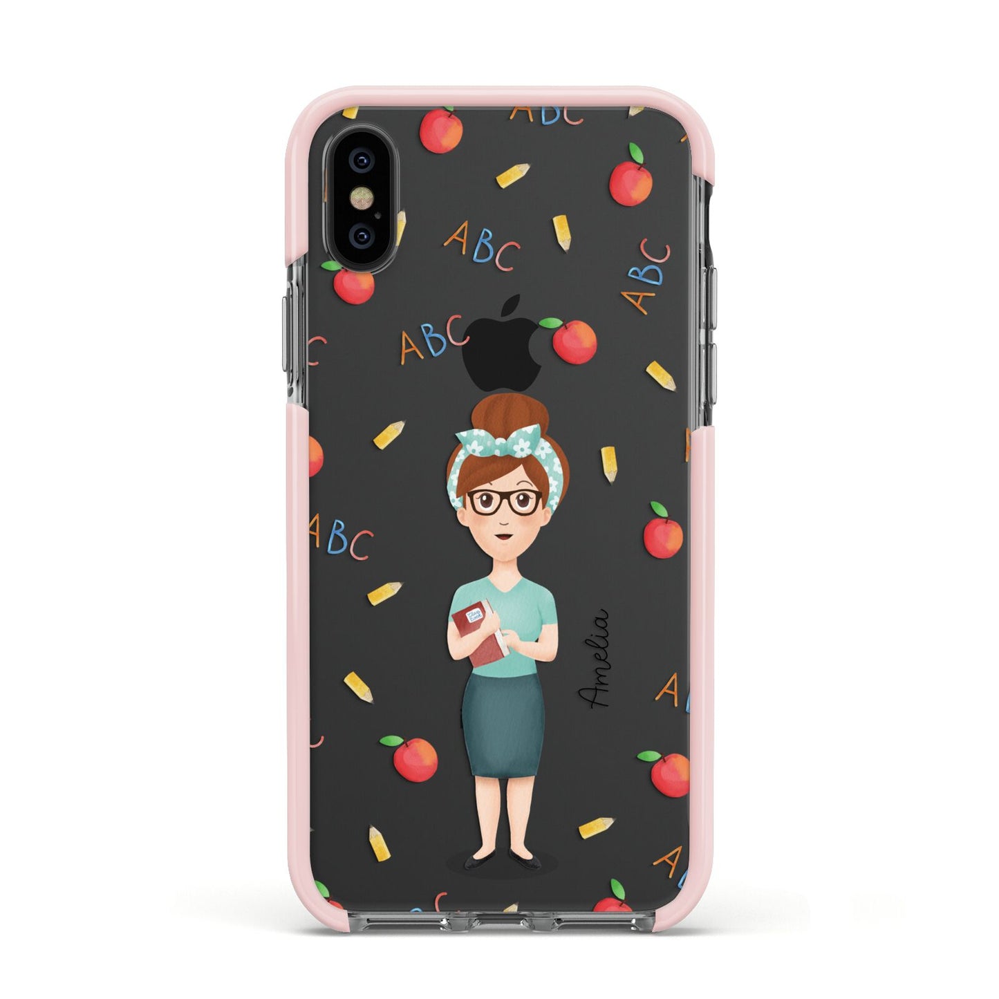 Personalised Teacher Cartoon Apple iPhone Xs Impact Case Pink Edge on Black Phone