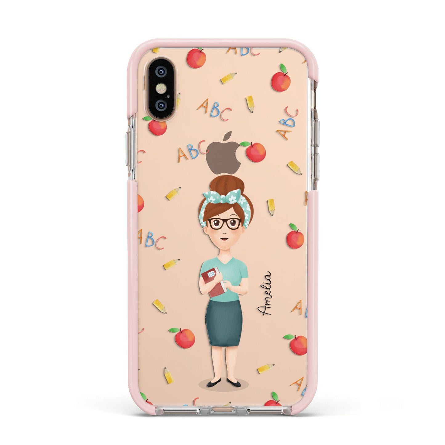 Personalised Teacher Cartoon Apple iPhone Xs Impact Case Pink Edge on Gold Phone