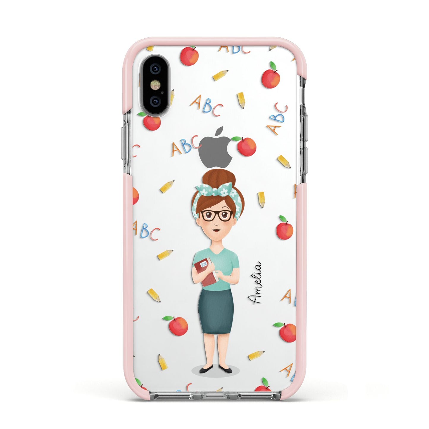 Personalised Teacher Cartoon Apple iPhone Xs Impact Case Pink Edge on Silver Phone