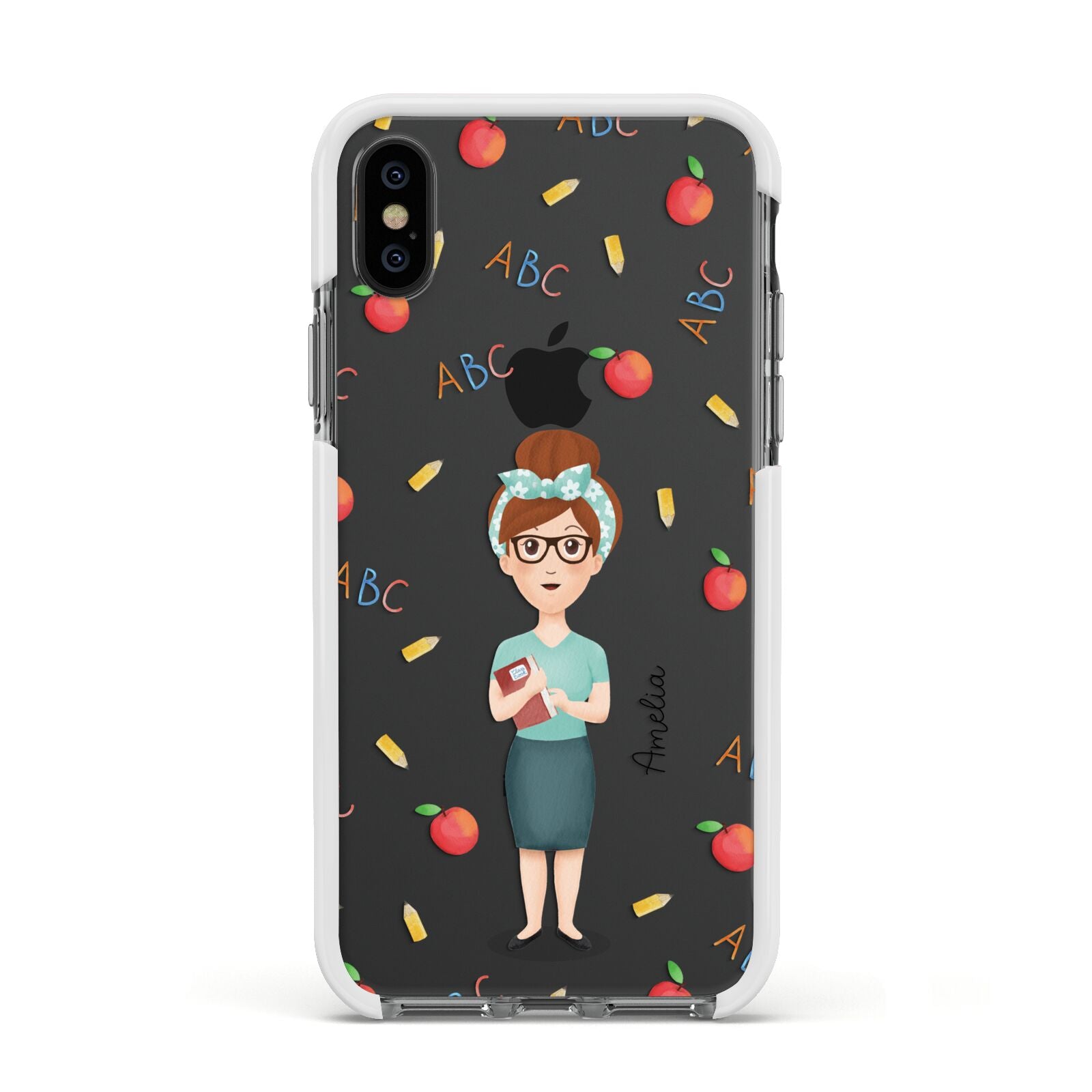 Personalised Teacher Cartoon Apple iPhone Xs Impact Case White Edge on Black Phone