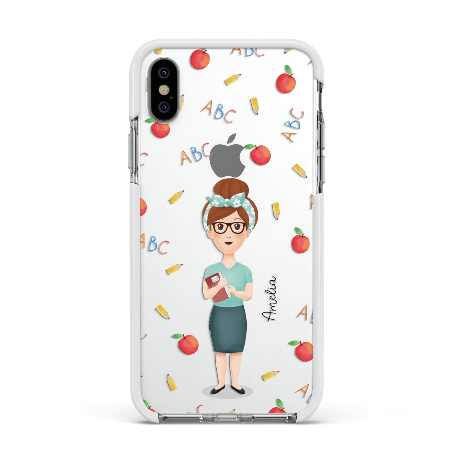 Personalised Teacher Cartoon Apple iPhone Xs Impact Case White Edge on Silver Phone