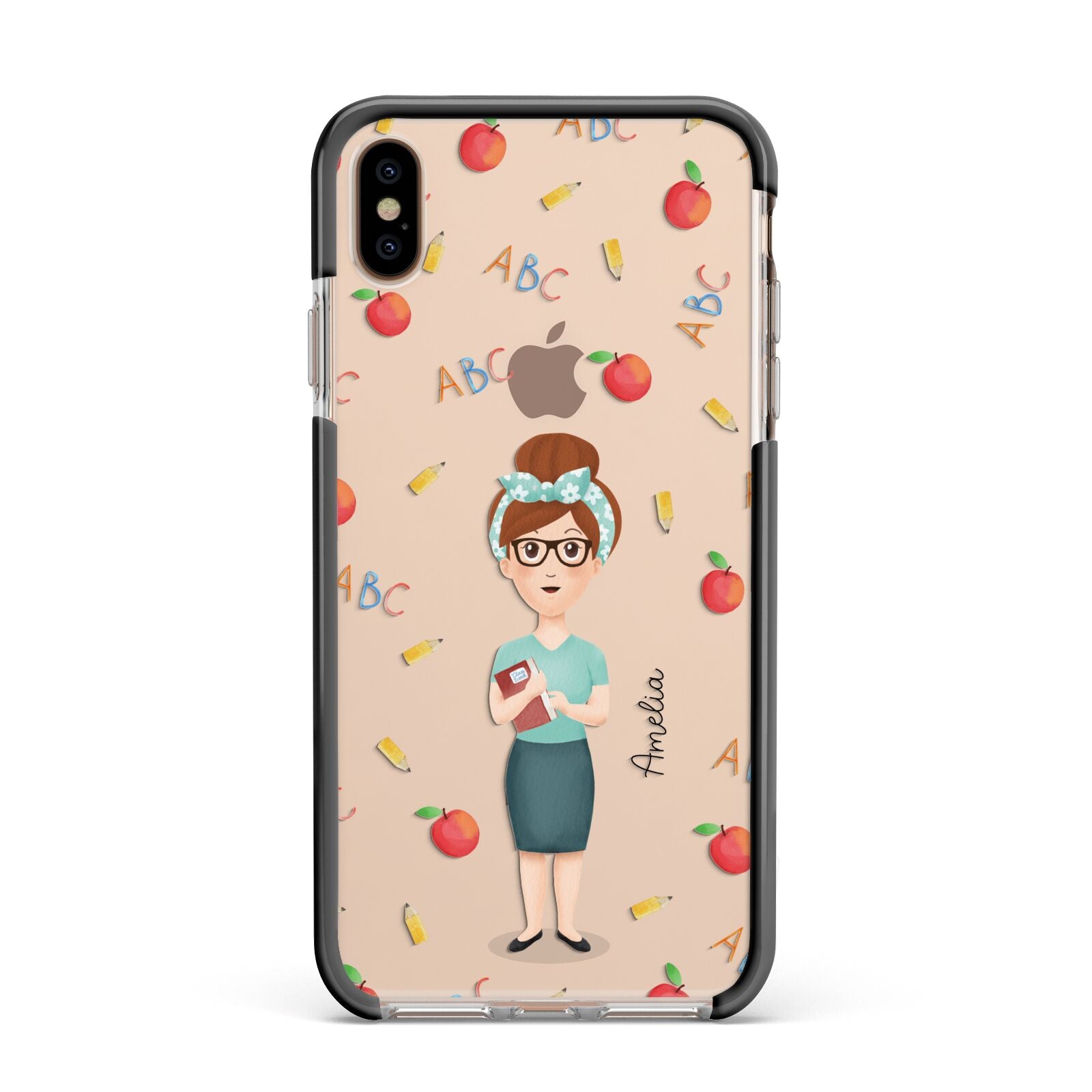 Personalised Teacher Cartoon Apple iPhone Xs Max Impact Case Black Edge on Gold Phone