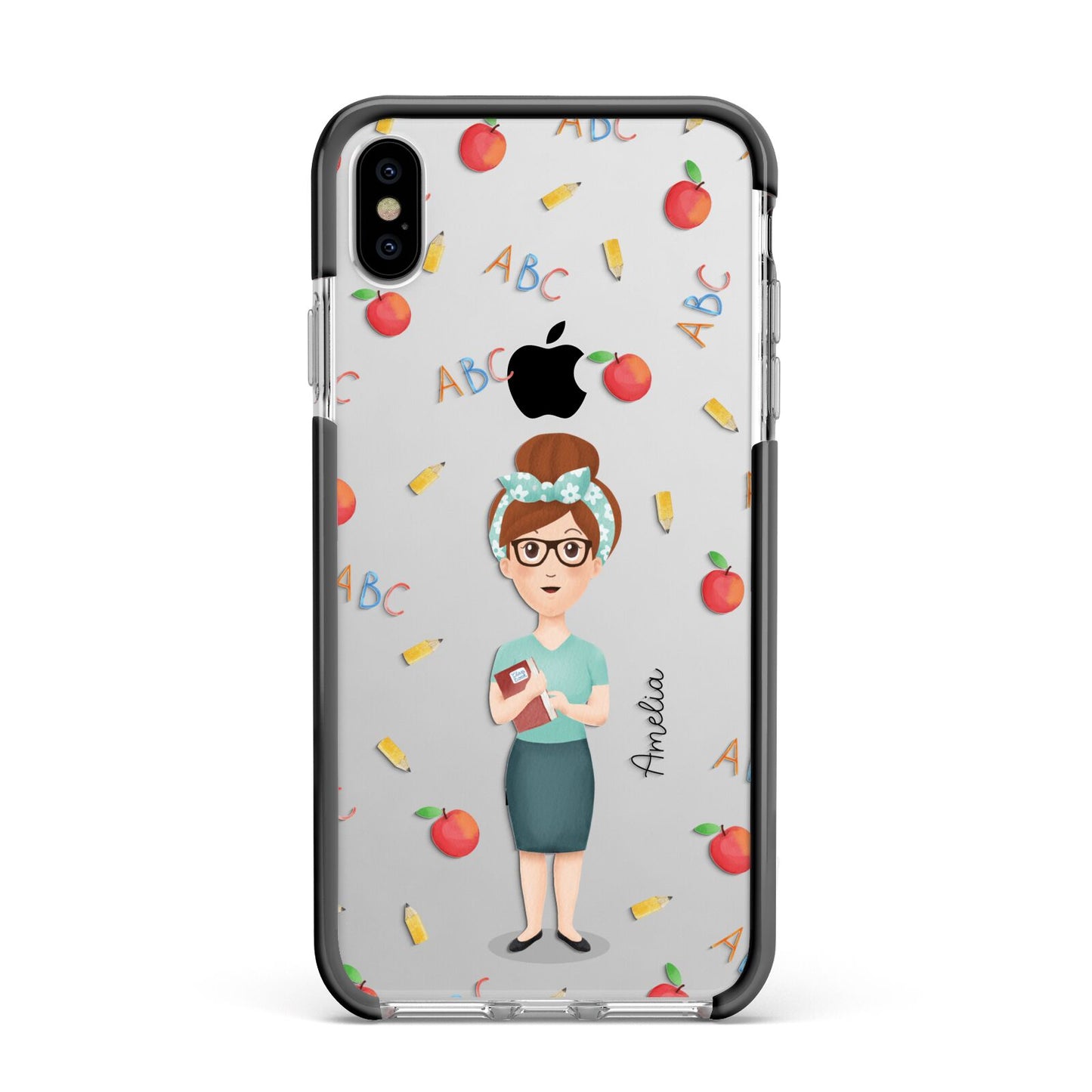 Personalised Teacher Cartoon Apple iPhone Xs Max Impact Case Black Edge on Silver Phone