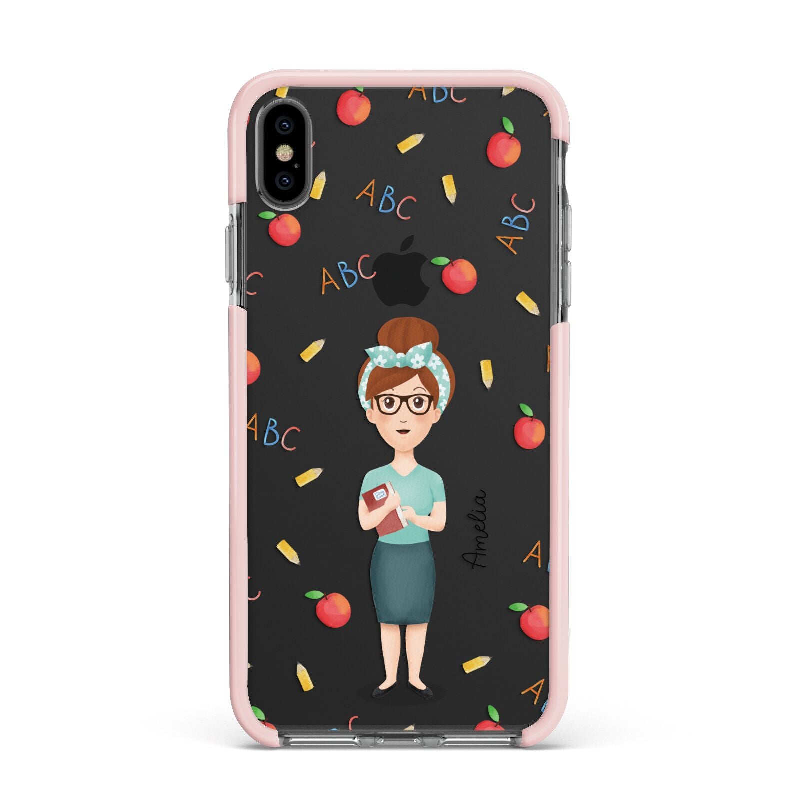 Personalised Teacher Cartoon Apple iPhone Xs Max Impact Case Pink Edge on Black Phone