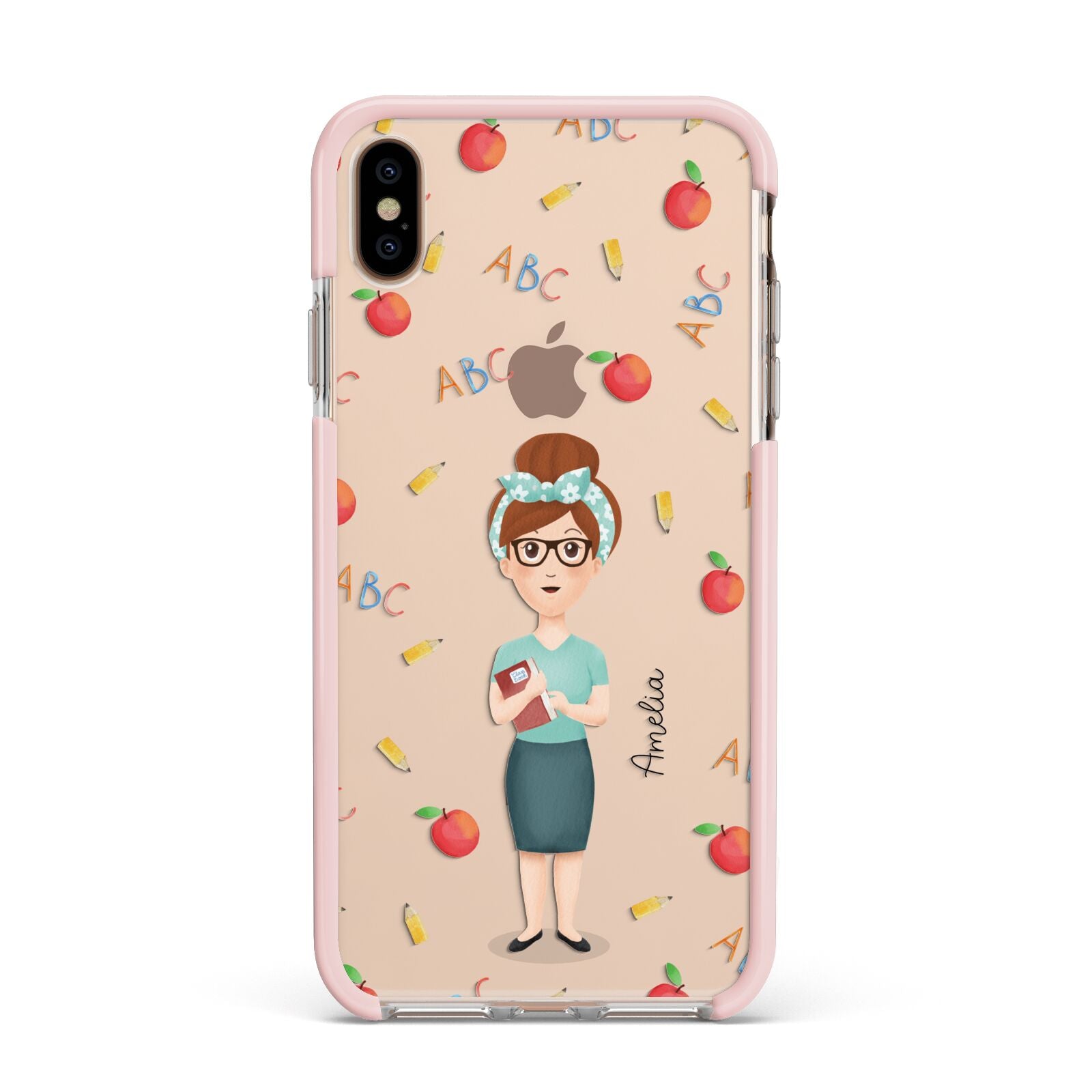 Personalised Teacher Cartoon Apple iPhone Xs Max Impact Case Pink Edge on Gold Phone