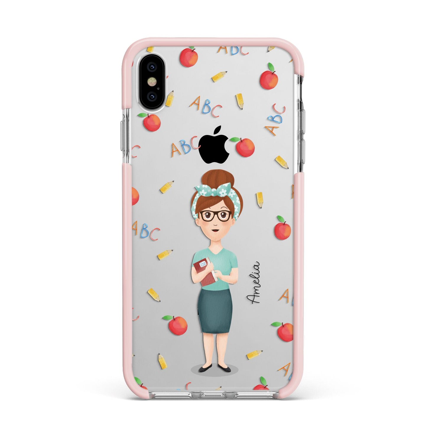 Personalised Teacher Cartoon Apple iPhone Xs Max Impact Case Pink Edge on Silver Phone