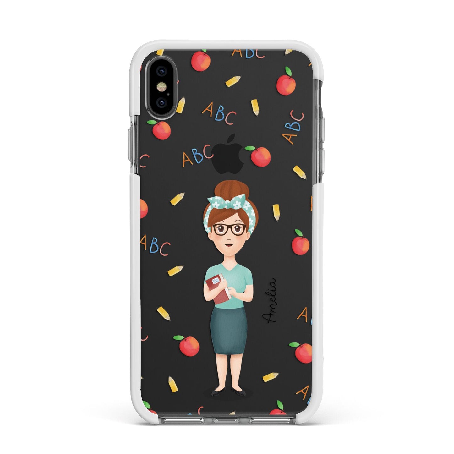 Personalised Teacher Cartoon Apple iPhone Xs Max Impact Case White Edge on Black Phone