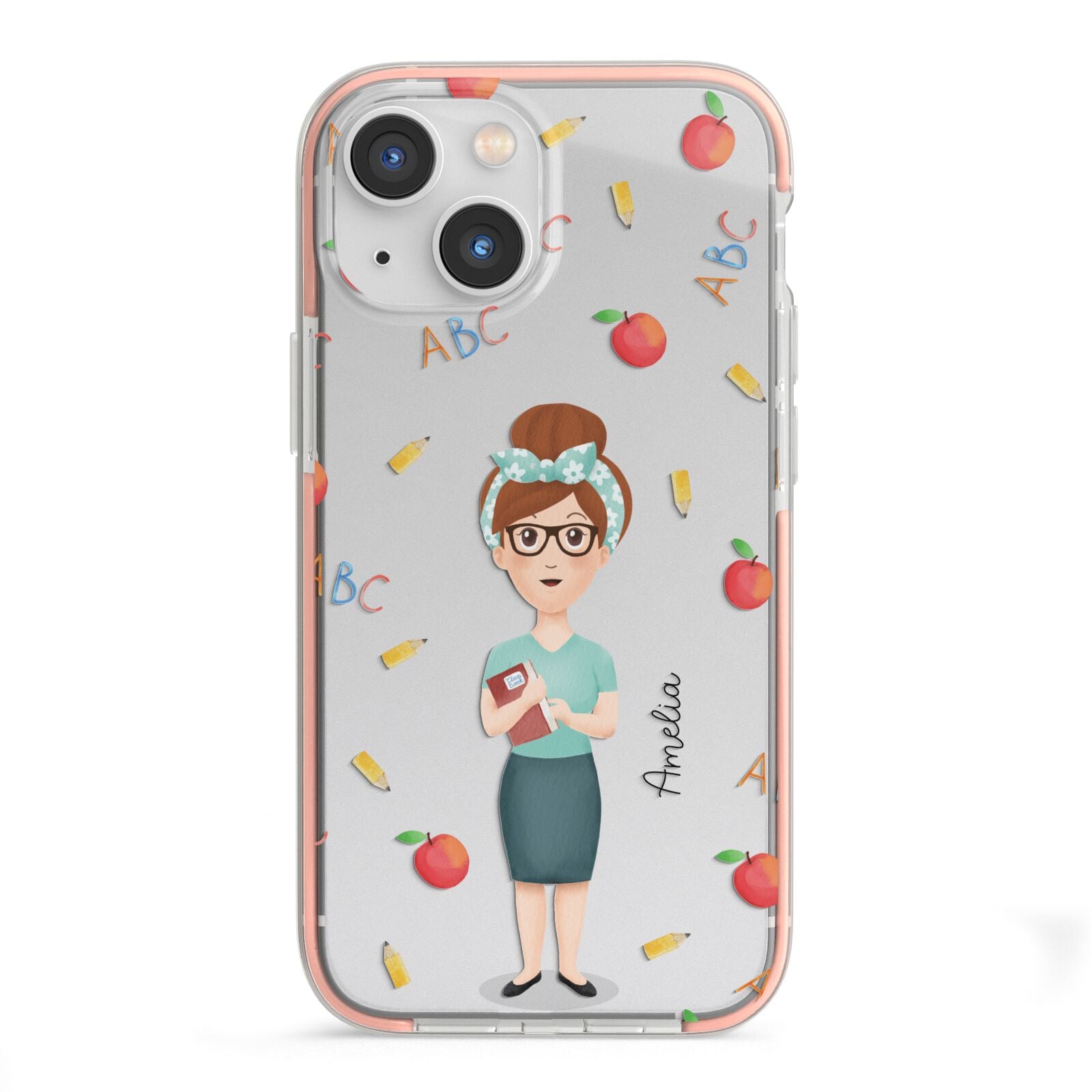 Personalised Teacher Cartoon iPhone 13 Mini TPU Impact Case with Pink Edges