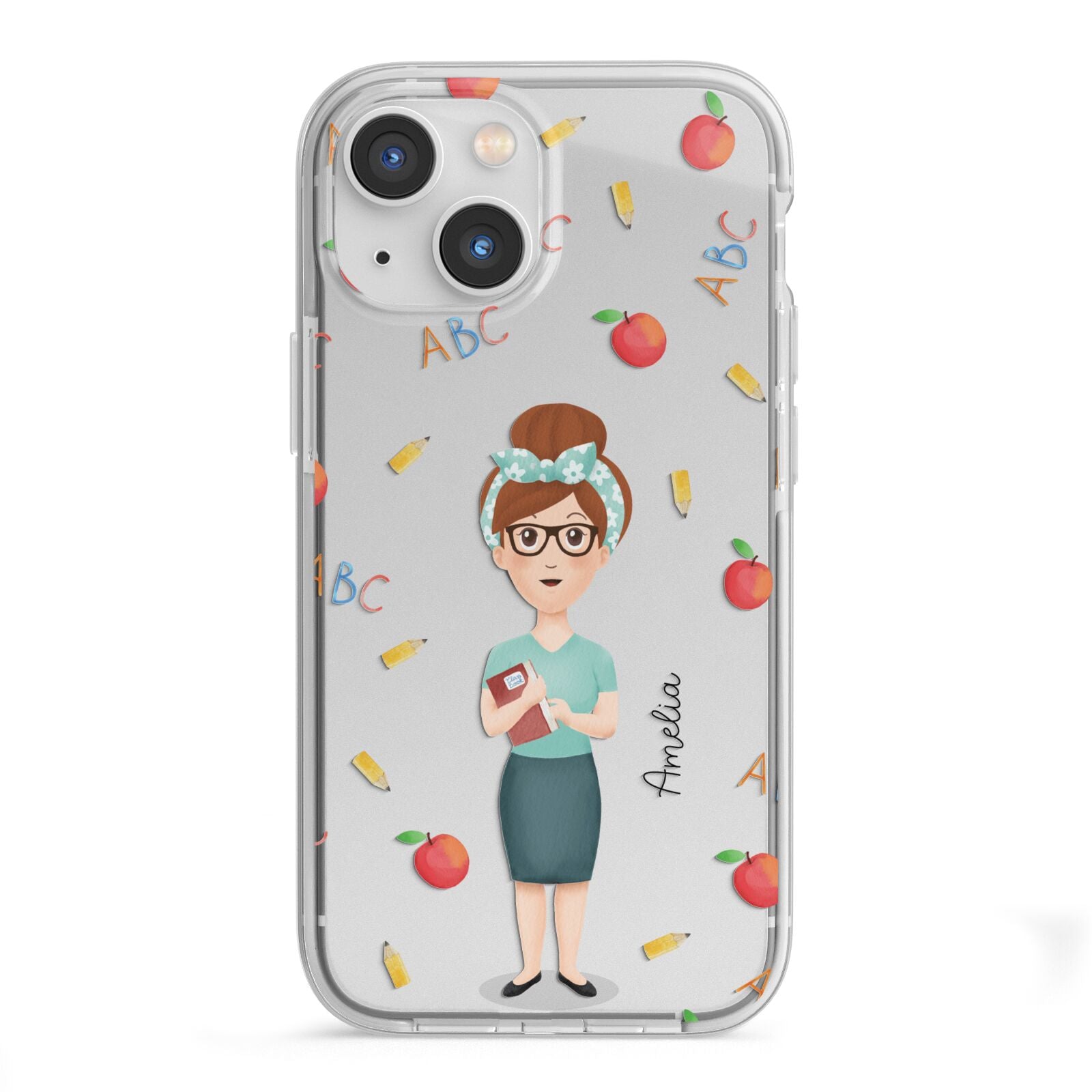 Personalised Teacher Cartoon iPhone 13 Mini TPU Impact Case with White Edges