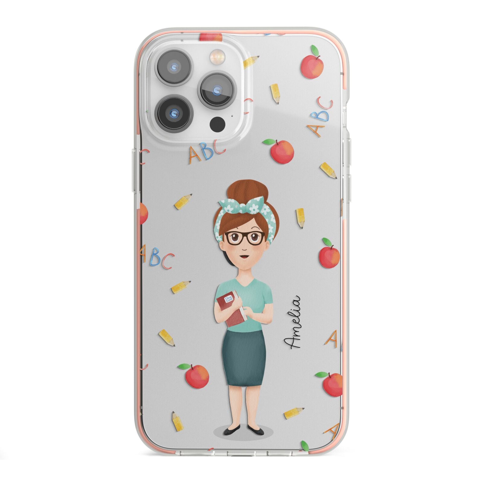 Personalised Teacher Cartoon iPhone 13 Pro Max TPU Impact Case with Pink Edges