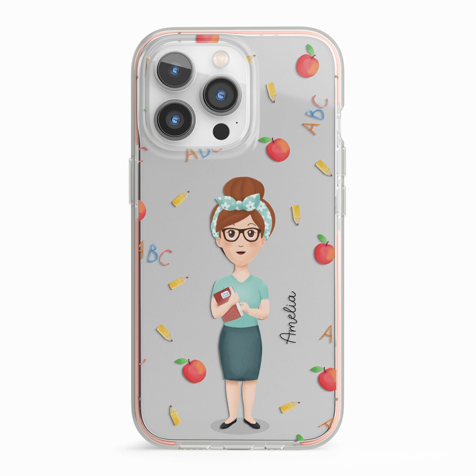 Personalised Teacher Cartoon iPhone 13 Pro TPU Impact Case with Pink Edges