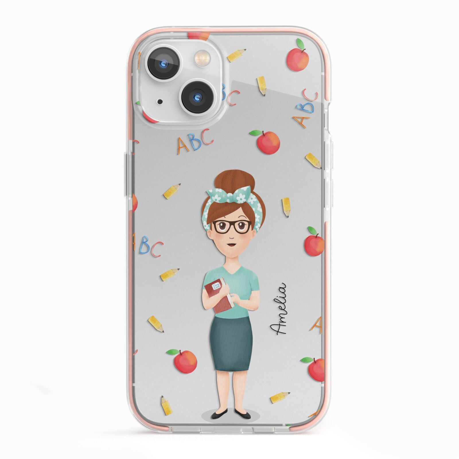 Personalised Teacher Cartoon iPhone 13 TPU Impact Case with Pink Edges