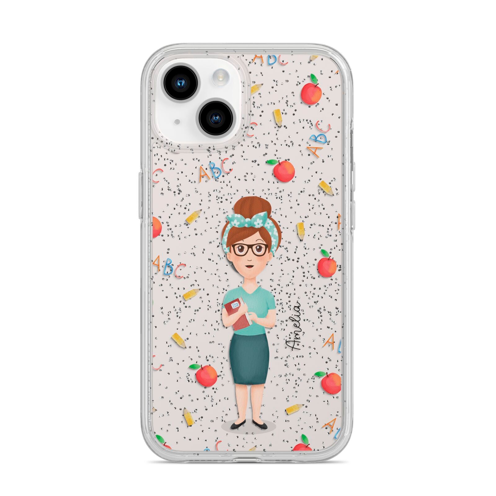 Personalised Teacher Cartoon iPhone 14 Glitter Tough Case Starlight