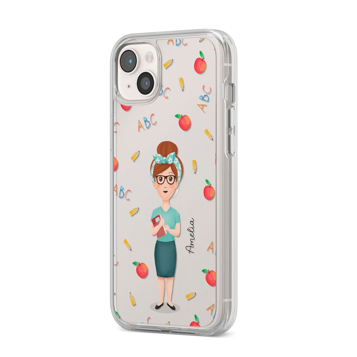 Personalised Teacher Cartoon iPhone 14 Plus Clear Tough Case Starlight Angled Image