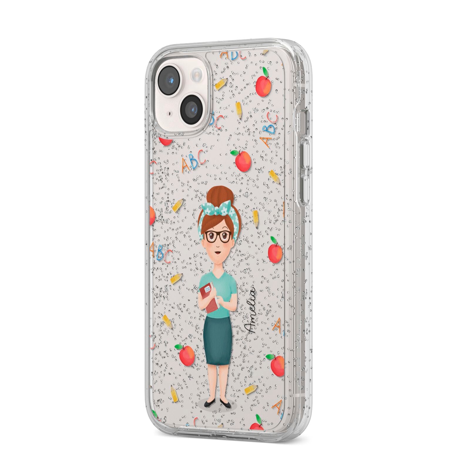 Personalised Teacher Cartoon iPhone 14 Plus Glitter Tough Case Starlight Angled Image