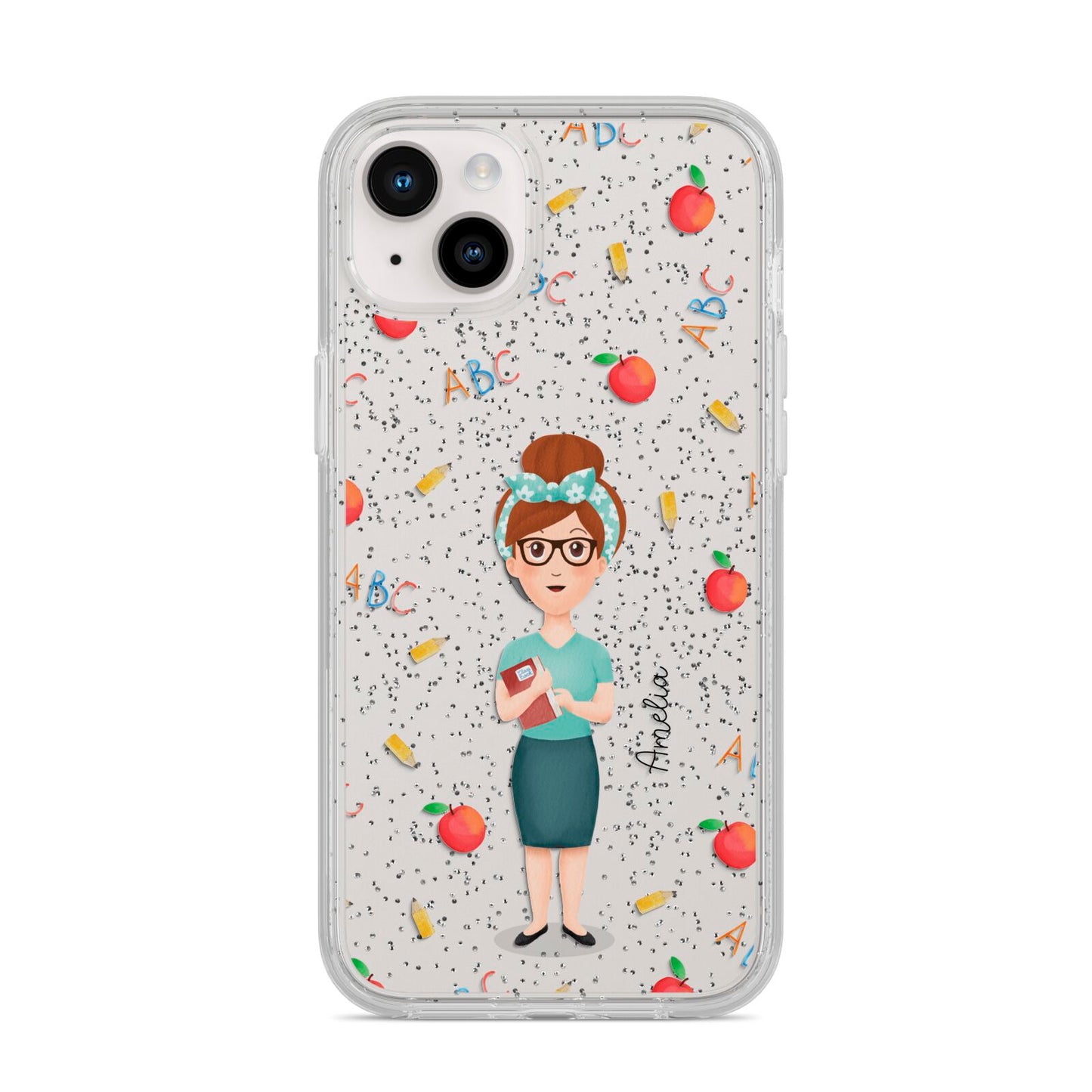 Personalised Teacher Cartoon iPhone 14 Plus Glitter Tough Case Starlight