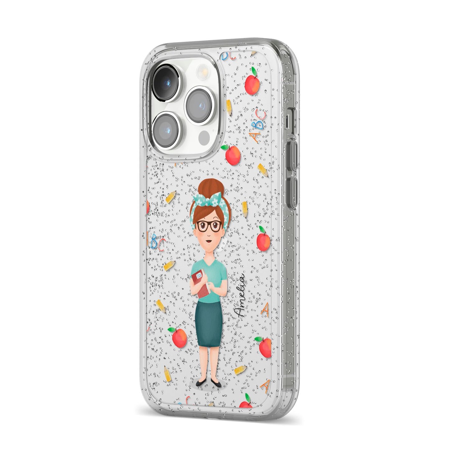 Personalised Teacher Cartoon iPhone 14 Pro Glitter Tough Case Silver Angled Image