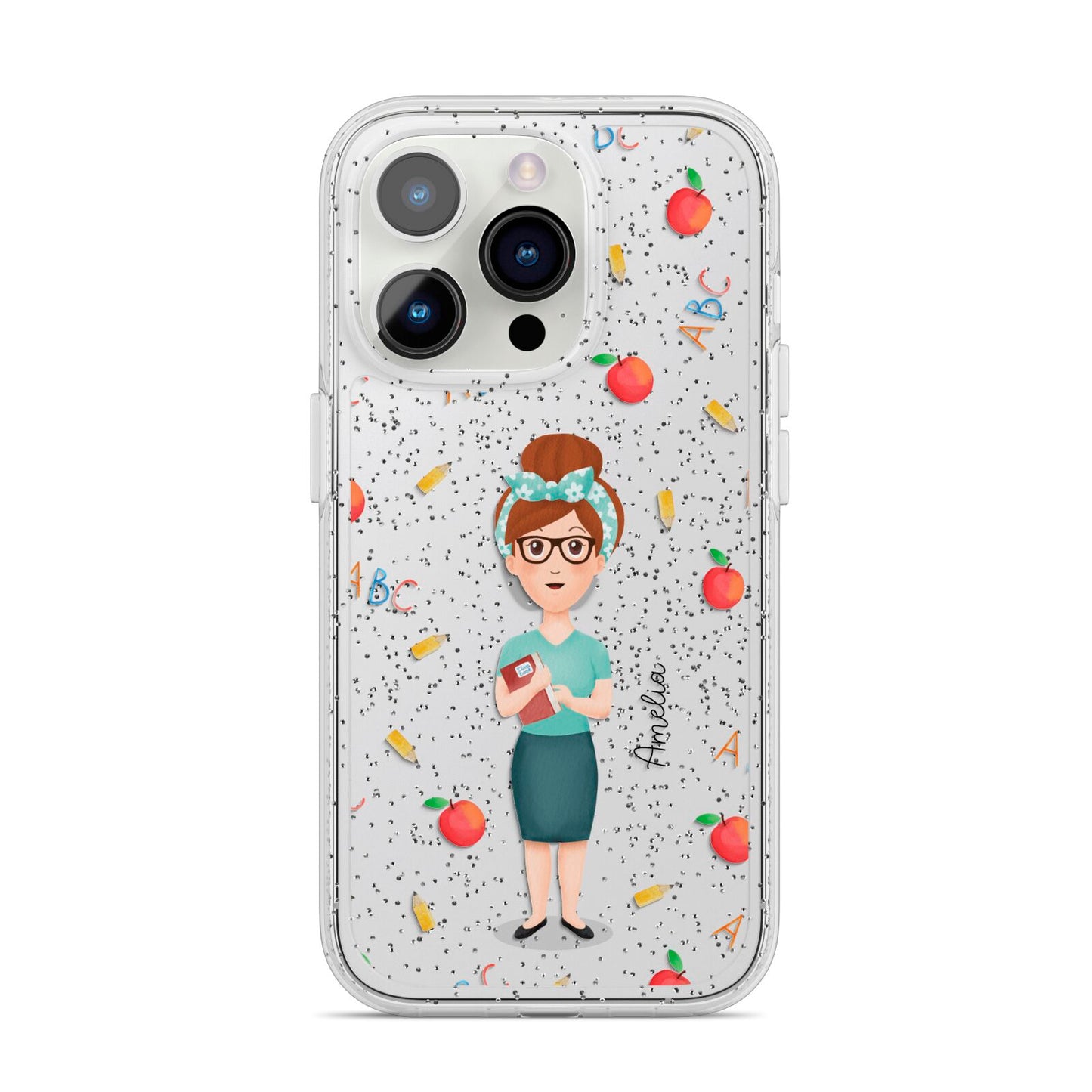 Personalised Teacher Cartoon iPhone 14 Pro Glitter Tough Case Silver