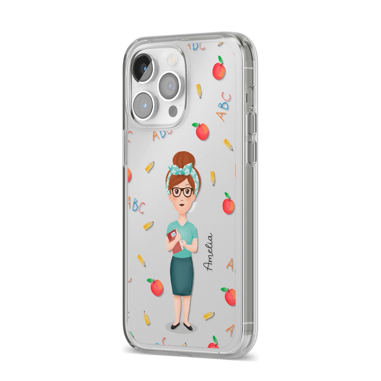 Personalised Teacher Cartoon iPhone 14 Pro Max Clear Tough Case Silver Angled Image