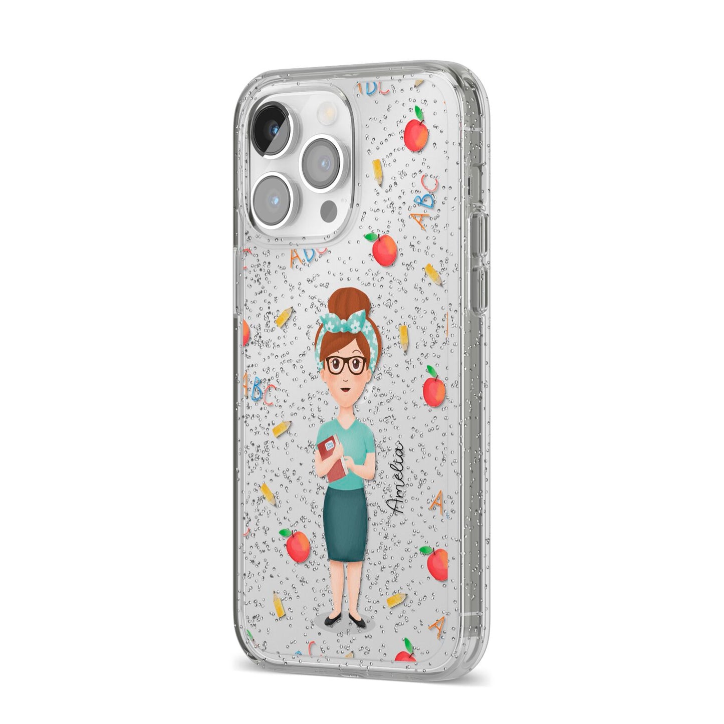 Personalised Teacher Cartoon iPhone 14 Pro Max Glitter Tough Case Silver Angled Image