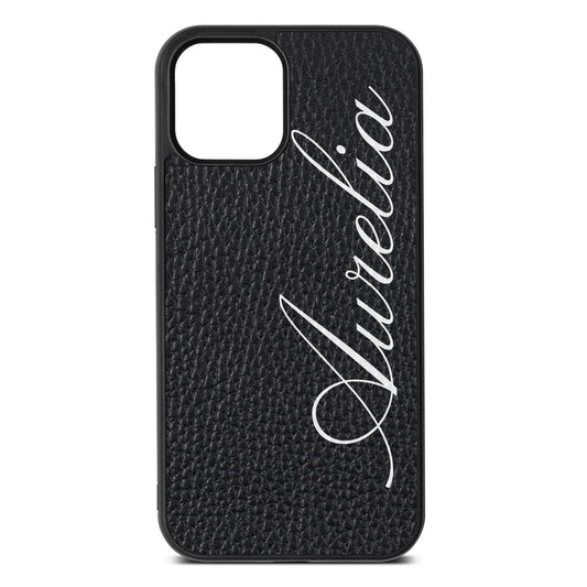 Personalised Text Black Pebble Leather iPhone 12 Case