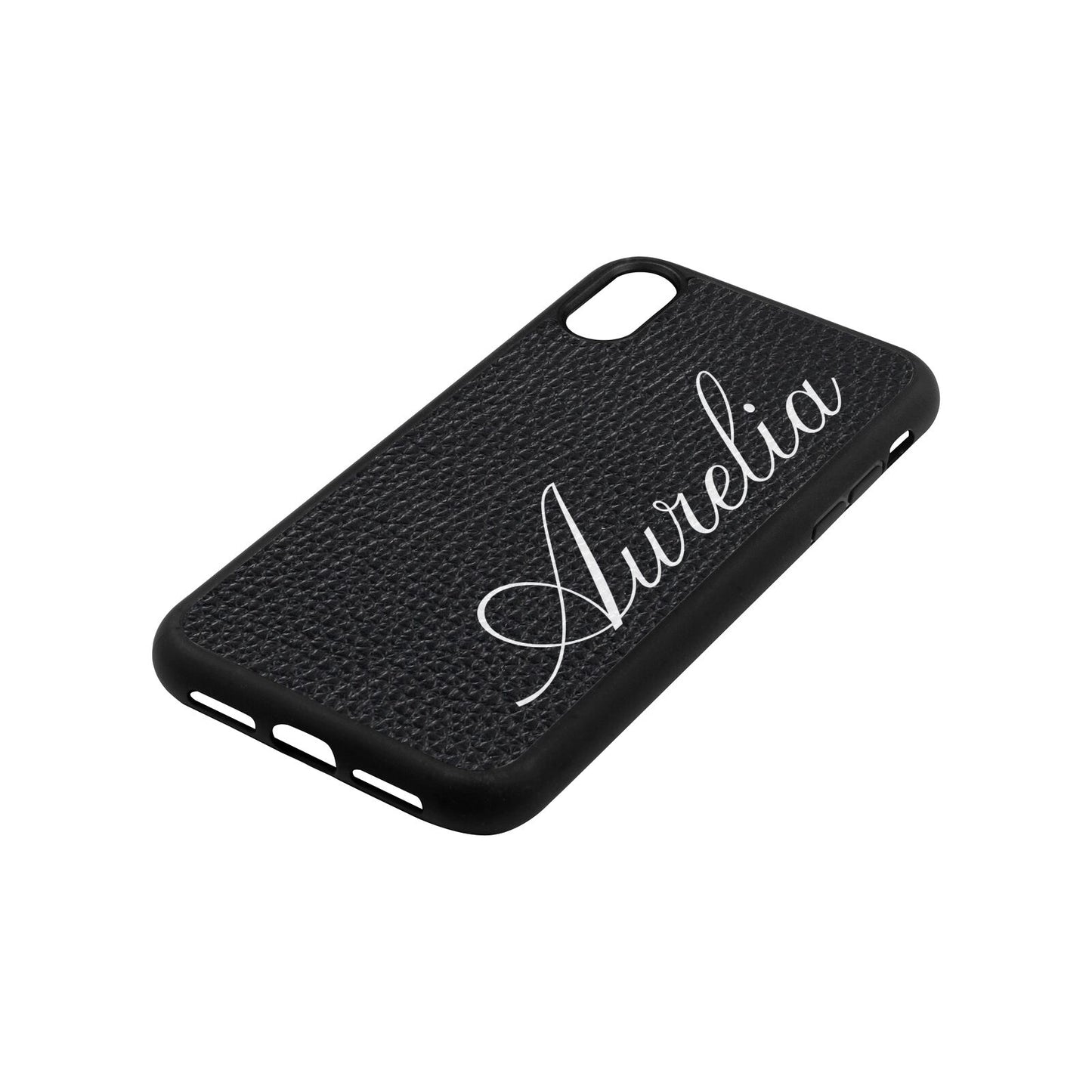 Personalised Text Black Pebble Leather iPhone Xr Case Side Angle