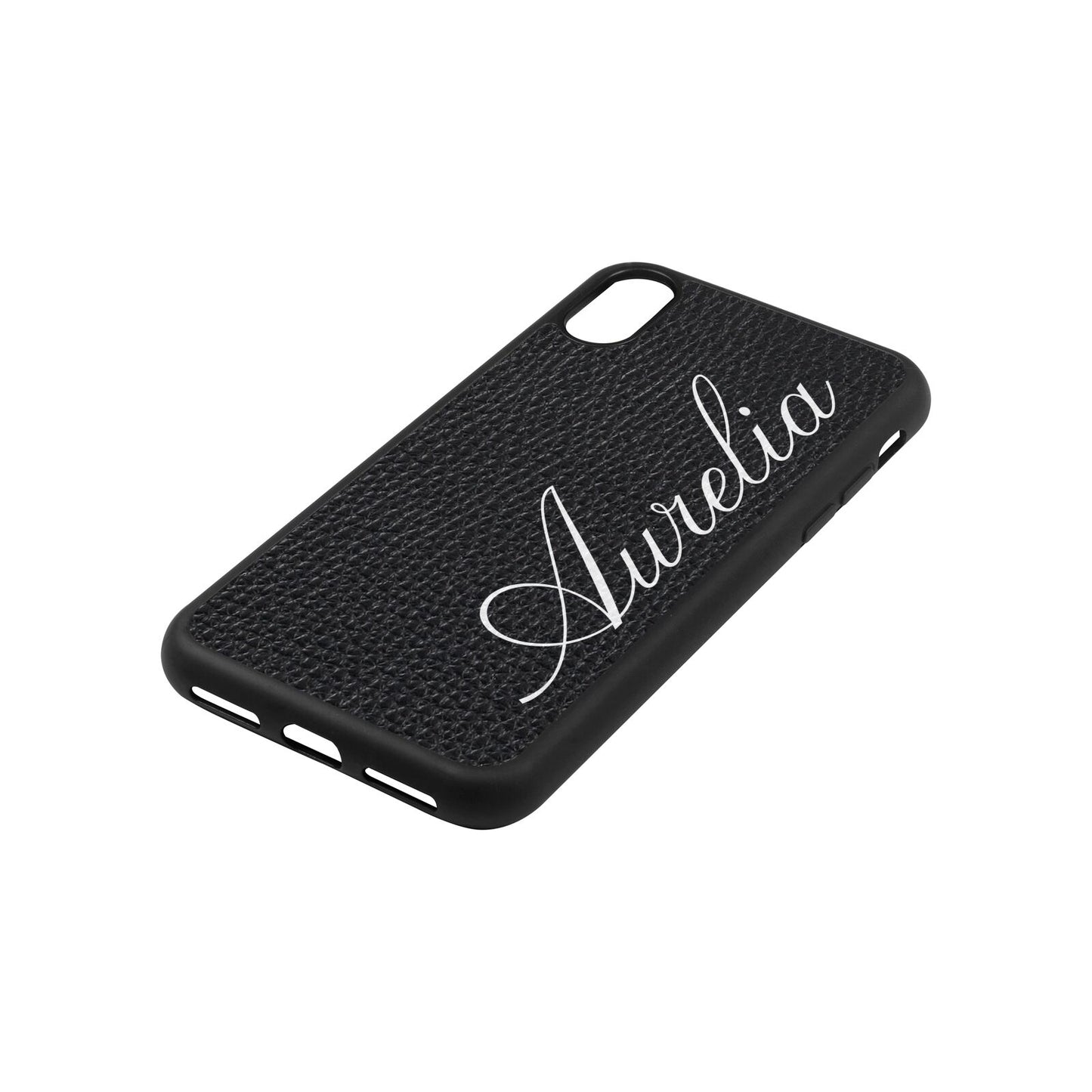 Personalised Text Black Pebble Leather iPhone Xs Case Side Angle