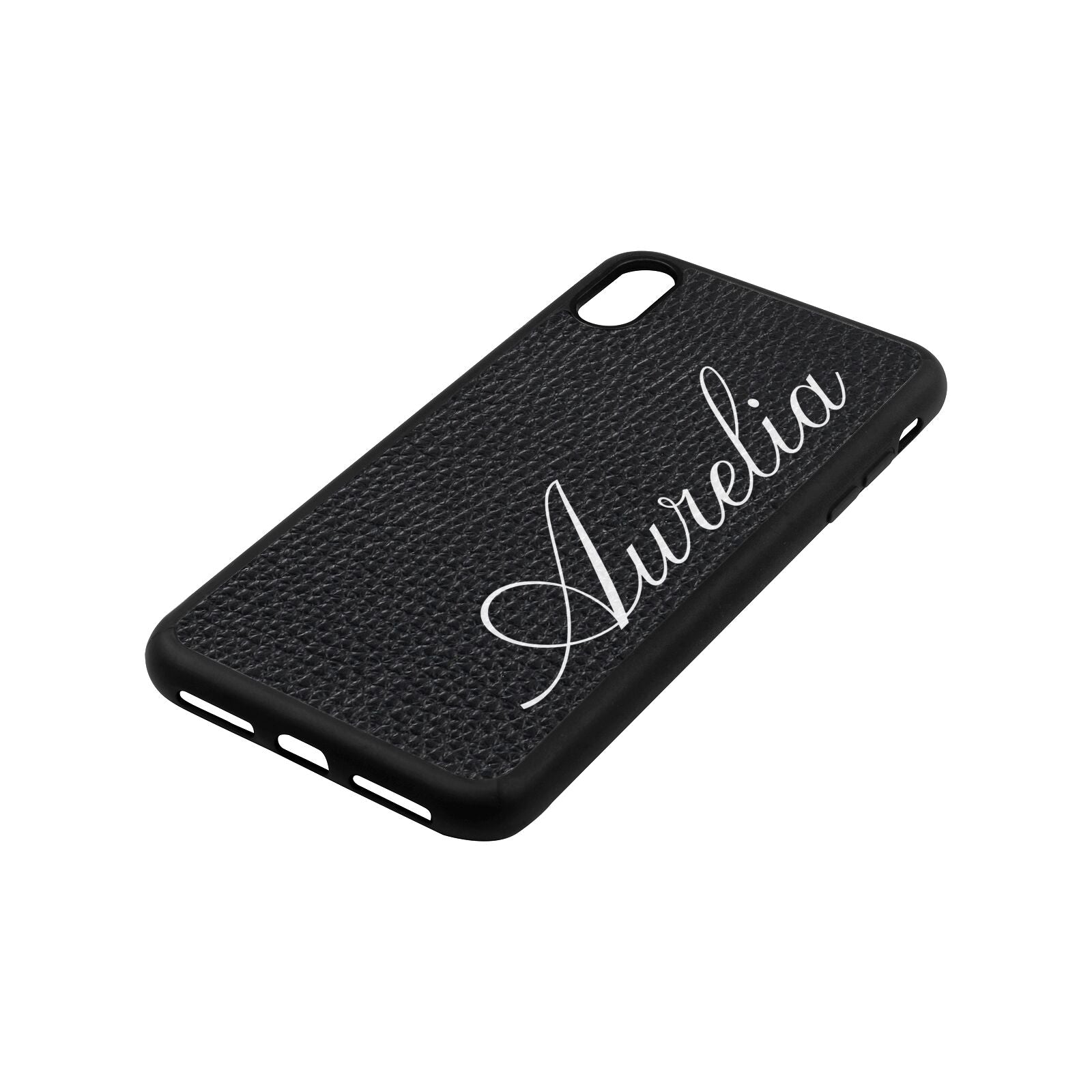 Personalised Text Black Pebble Leather iPhone Xs Max Case Side Angle