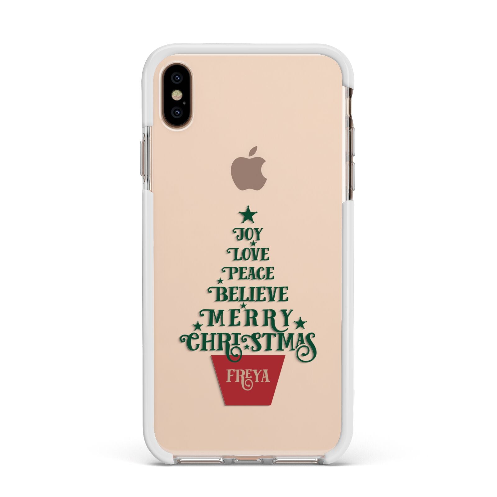 Personalised Text Christmas Tree Apple iPhone Xs Max Impact Case White Edge on Gold Phone