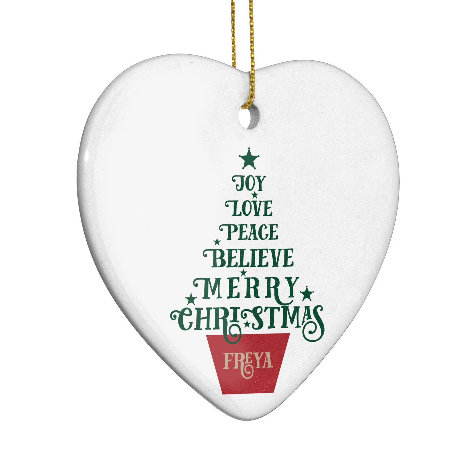 Personalised Text Christmas Tree Heart Decoration Side Angle