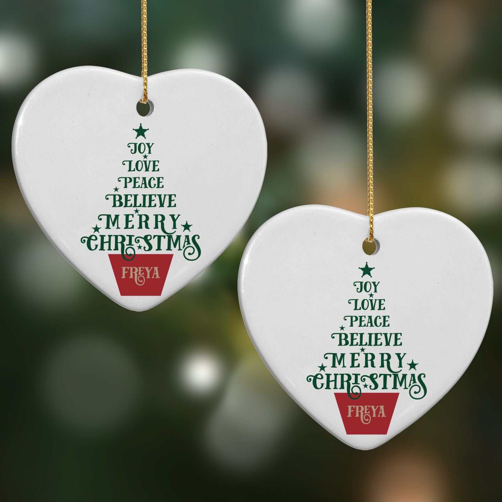 Personalised Text Christmas Tree Heart Decoration on Christmas Background