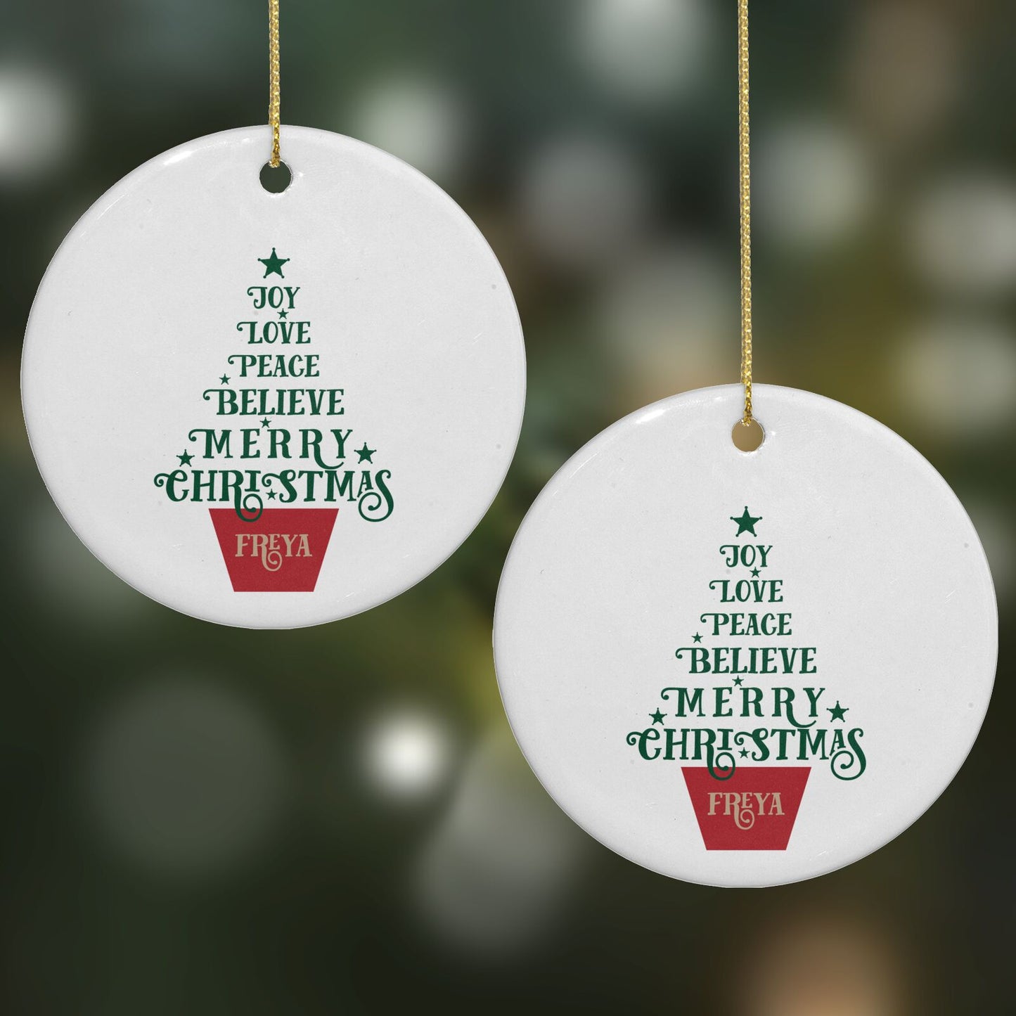 Personalised Text Christmas Tree Round Decoration on Christmas Background