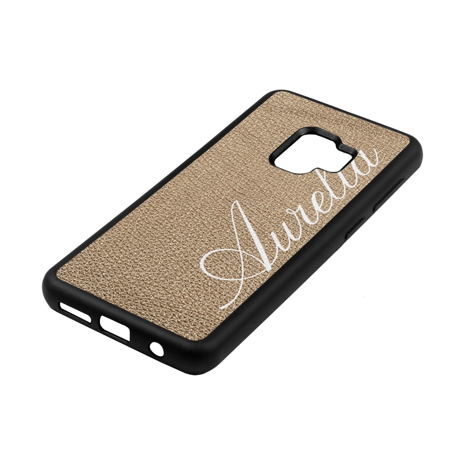 Personalised Text Gold Pebble Leather Samsung S9 Case Side Angle