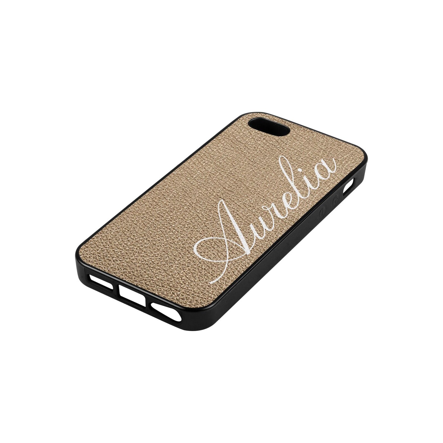 Personalised Text Gold Pebble Leather iPhone 5 Case Side Angle