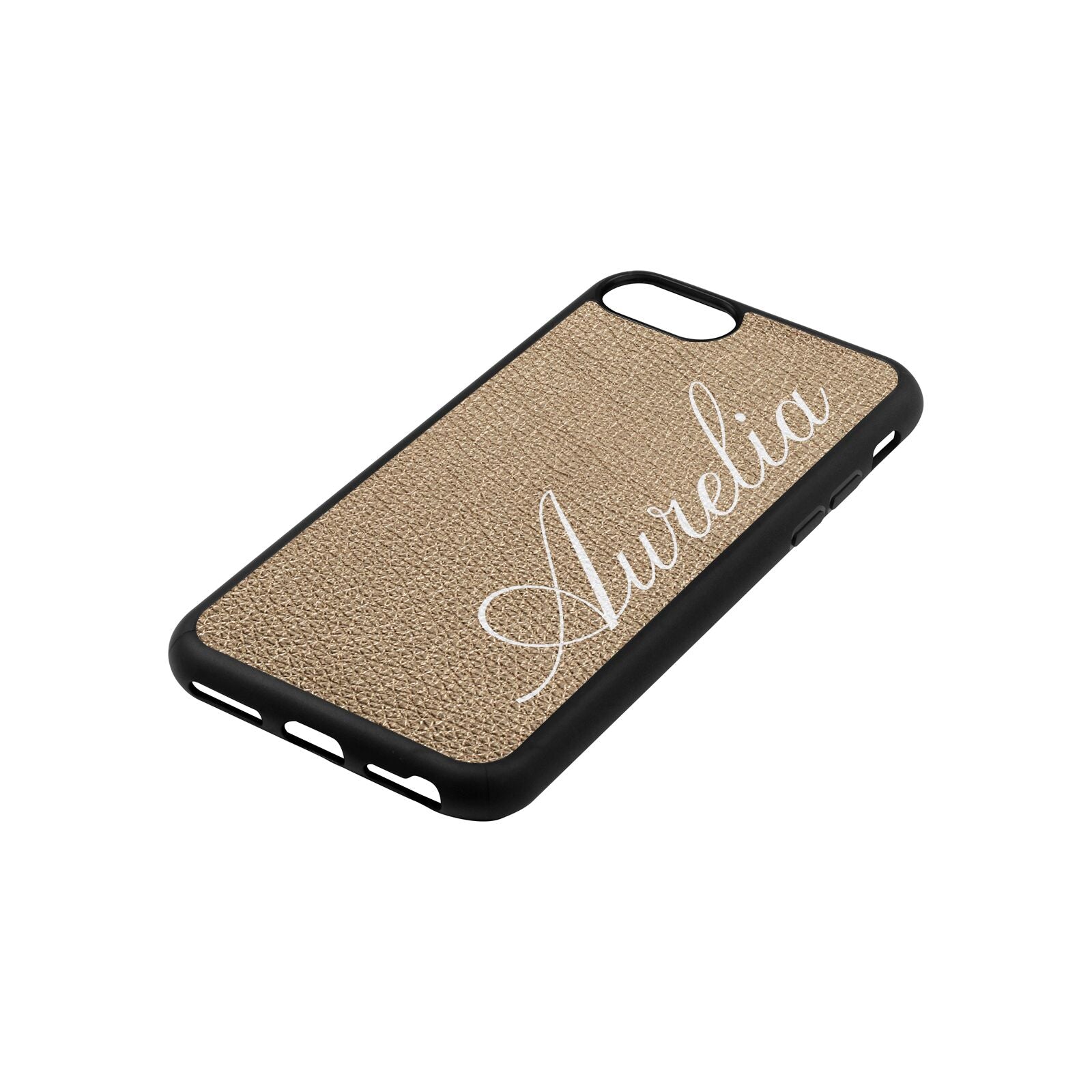 Personalised Text Gold Pebble Leather iPhone 8 Case Side Angle