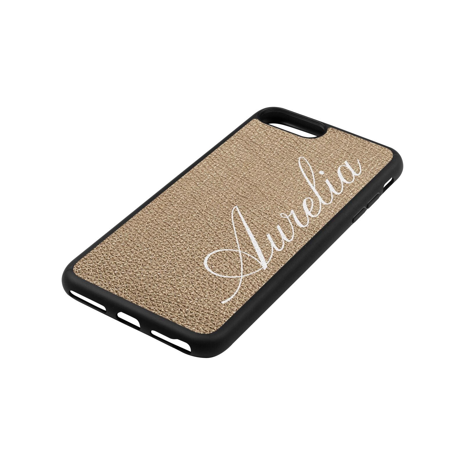 Personalised Text Gold Pebble Leather iPhone 8 Plus Case Side Angle