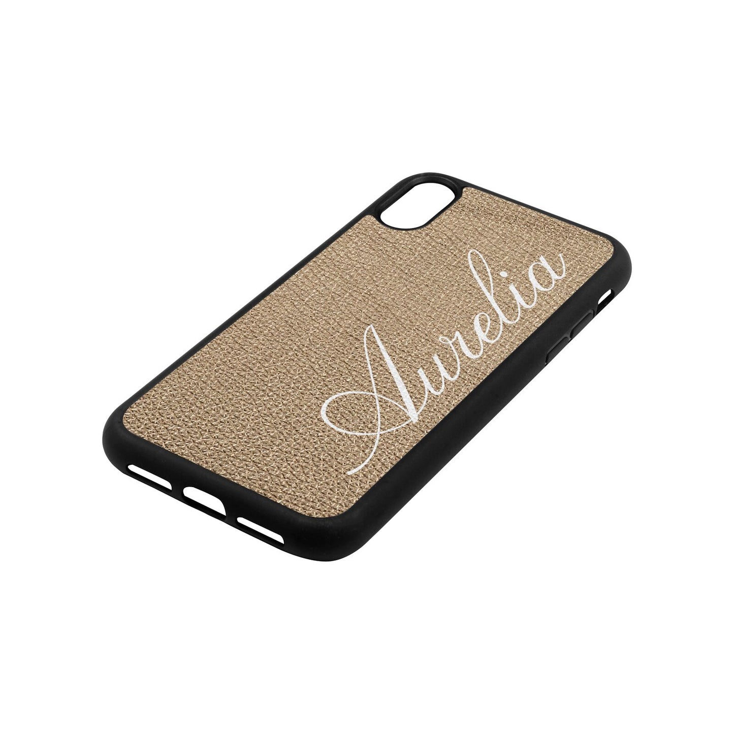 Personalised Text Gold Pebble Leather iPhone Xr Case Side Angle