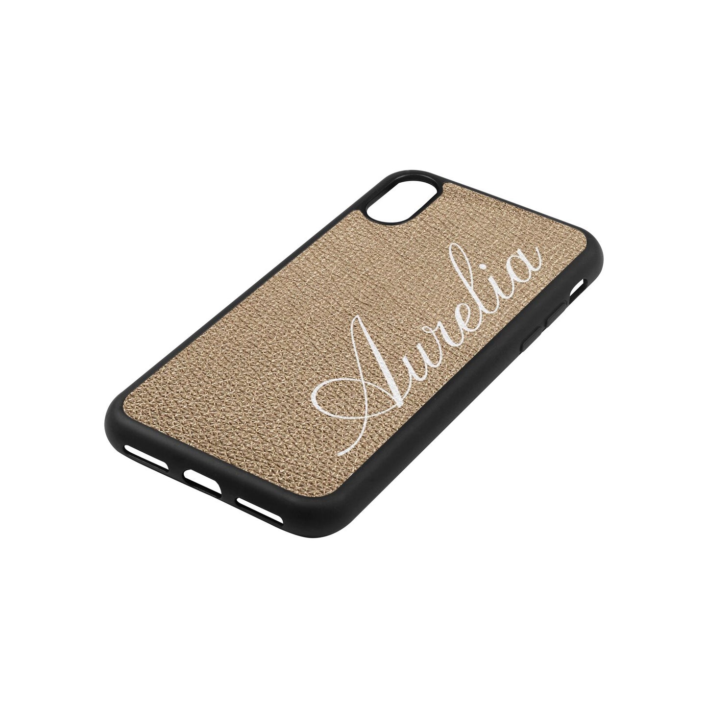 Personalised Text Gold Pebble Leather iPhone Xs Case Side Angle