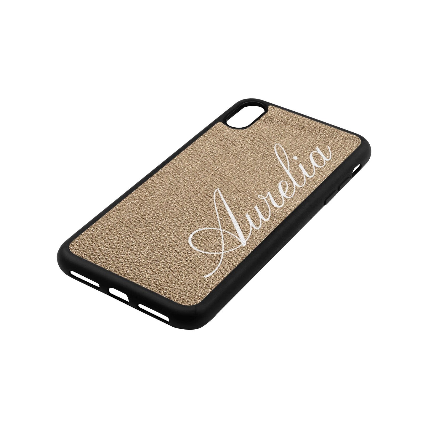 Personalised Text Gold Pebble Leather iPhone Xs Max Case Side Angle