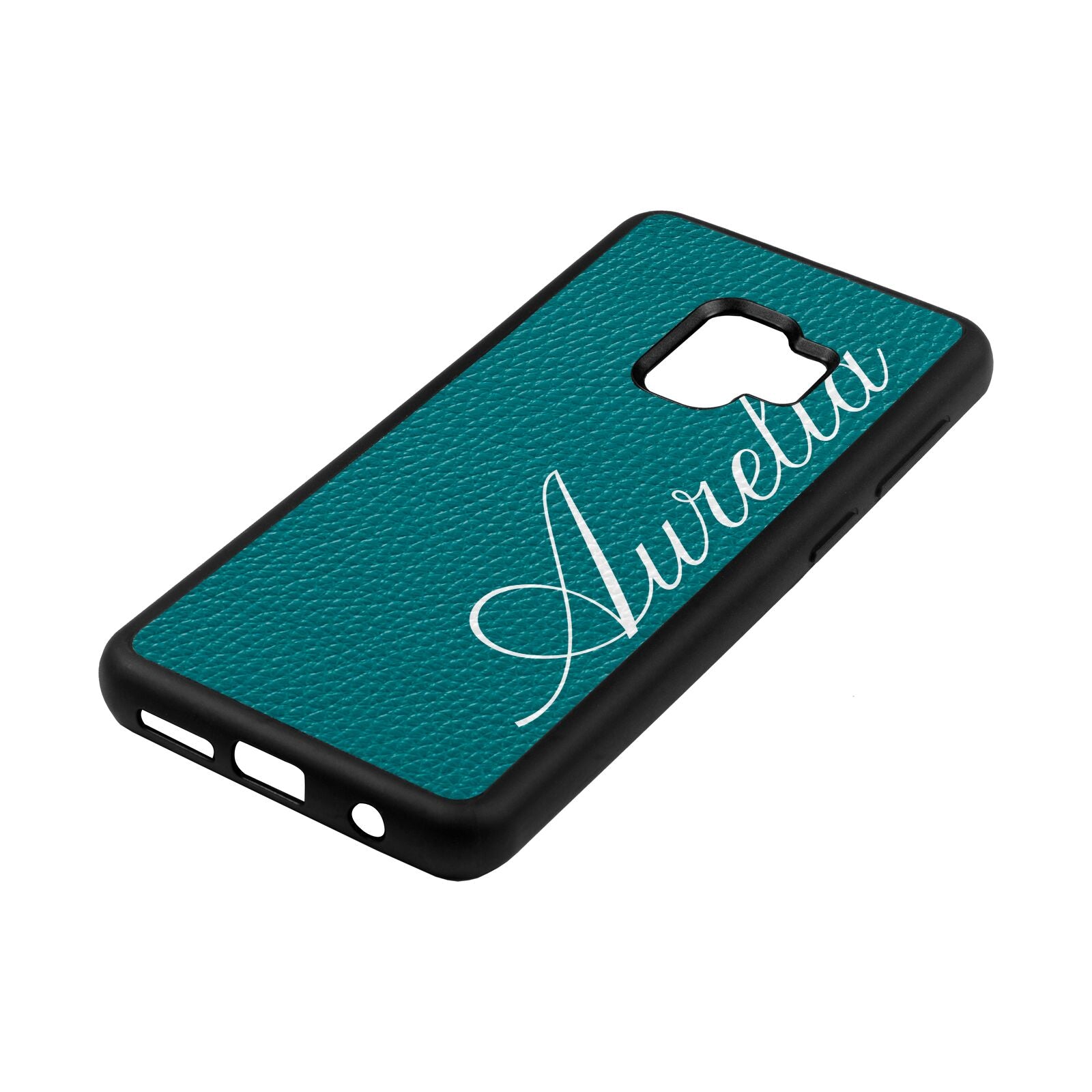 Personalised Text Green Pebble Leather Samsung S9 Case Side Angle