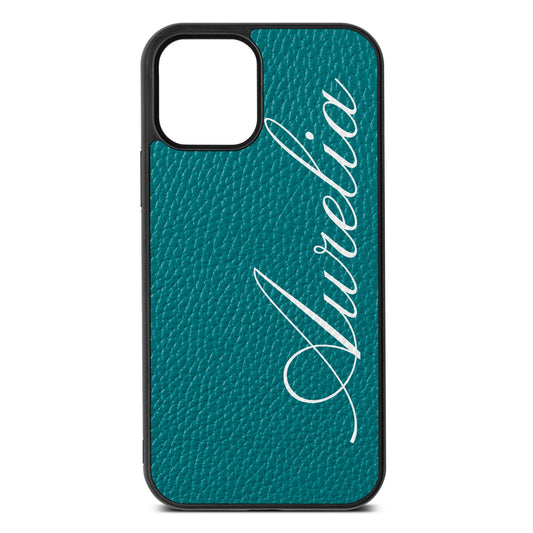 Personalised Text Green Pebble Leather iPhone 12 Case